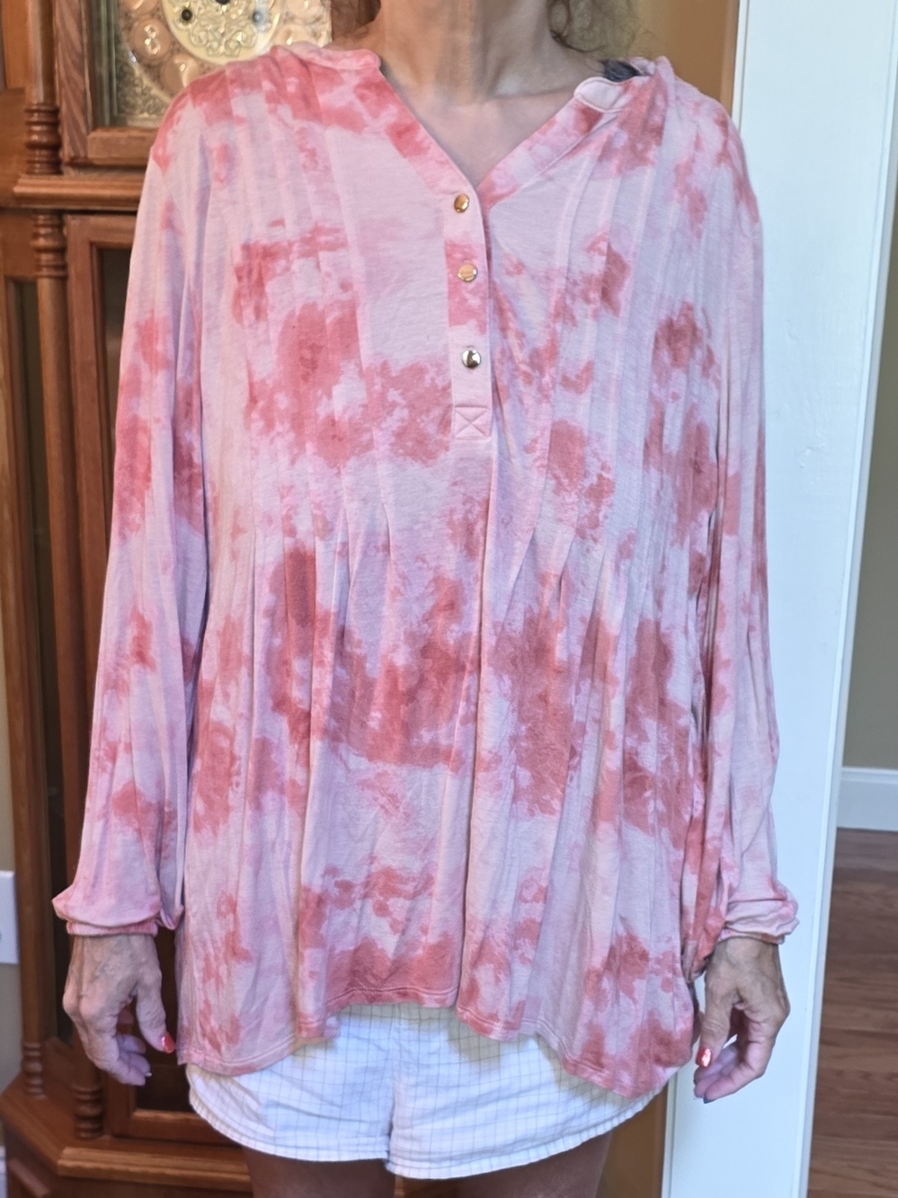 Wonderly Pink Tie-Dye Button V-Neck Tunic